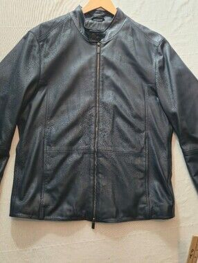 BOSS Navy Blue Leather Bomber Zip Down Jacket for Men Size Large